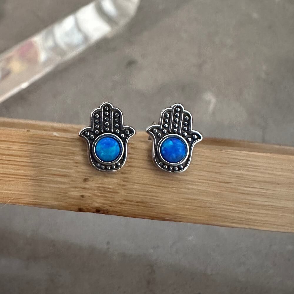 Blue Lab Opal Sterling Silver Hamsa Earrings